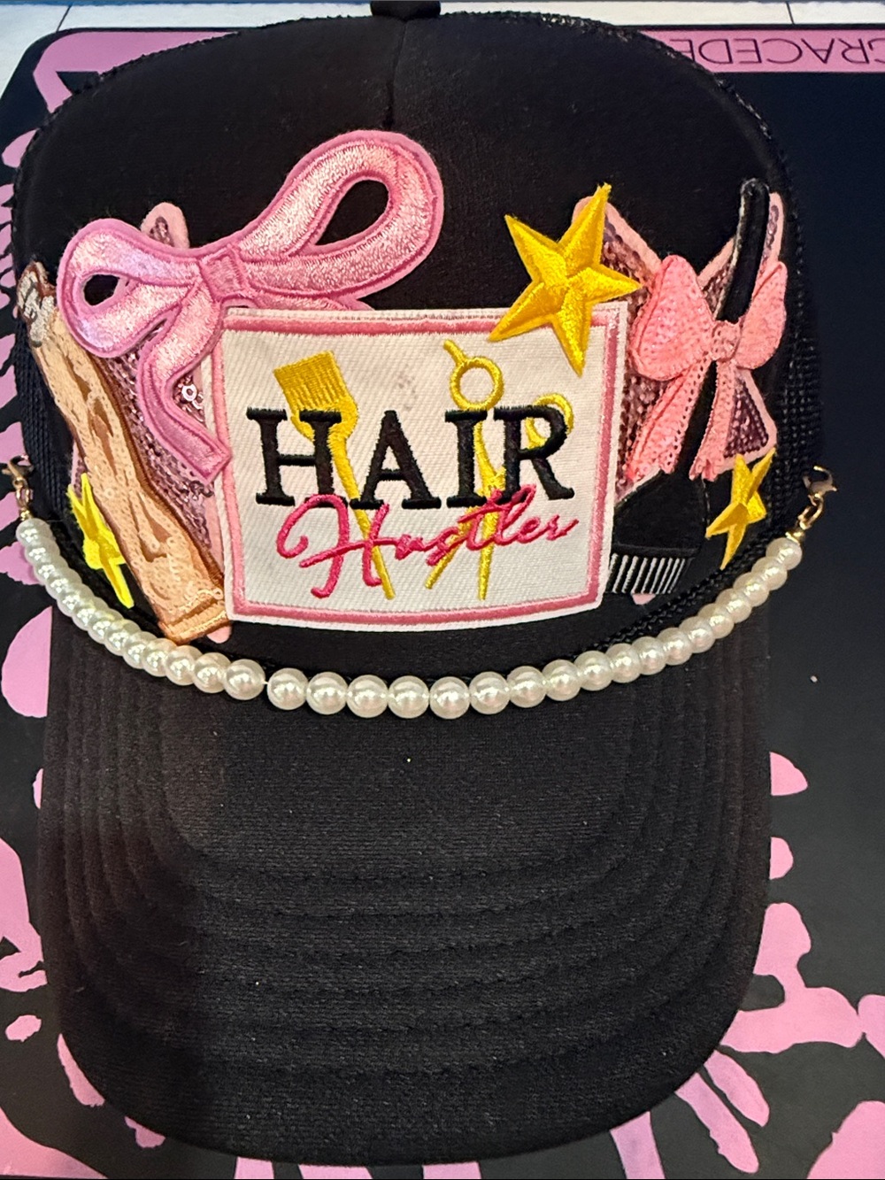 OTTO Black 'Hair Hustler' Embellished Cap with Pink & Yellow Accents
